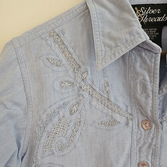Vtg 90s Silver Threads Shirt Womens Sm Blue Denim Embroidered Western Button Up - Picture 3 of 9